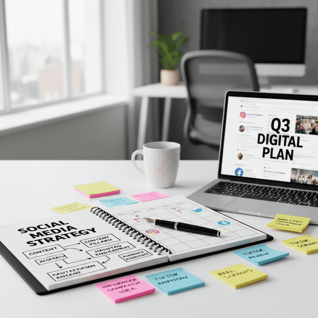 Social media strategy planning with notebook and sketches