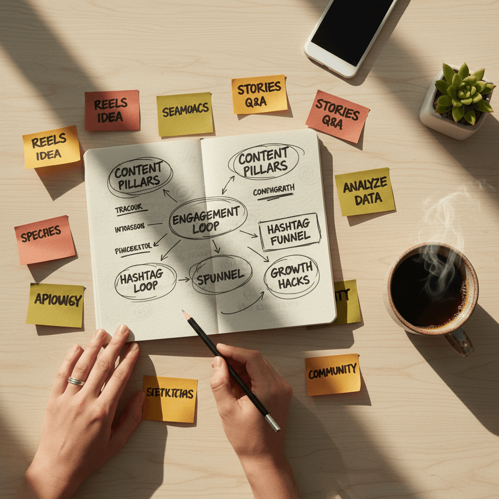 Social media strategy planning with notebook and sketches