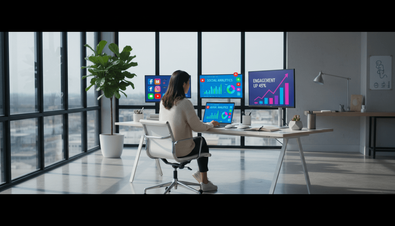 Social media management workspace with analytics dashboards