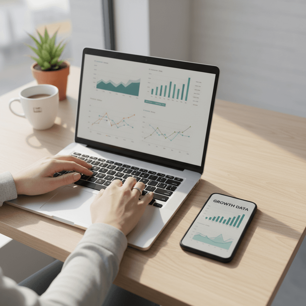 Small business owner reviewing social media analytics on tablet