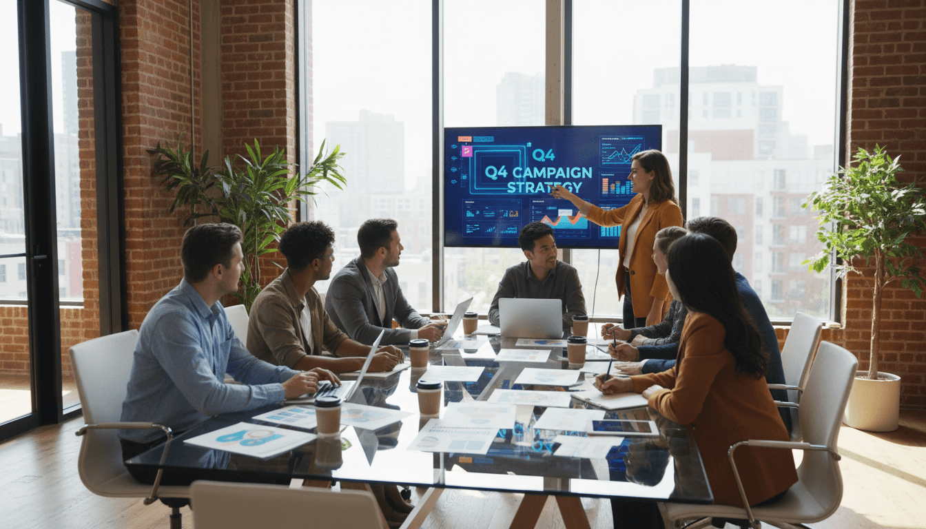 Small business owners collaborating on social media strategy in modern workspace