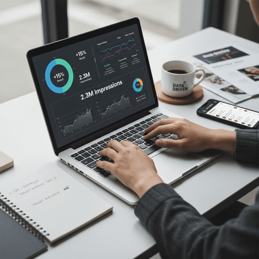 Marketing professional hands typing on laptop with analytics dashboard and social media metrics visible on monitor