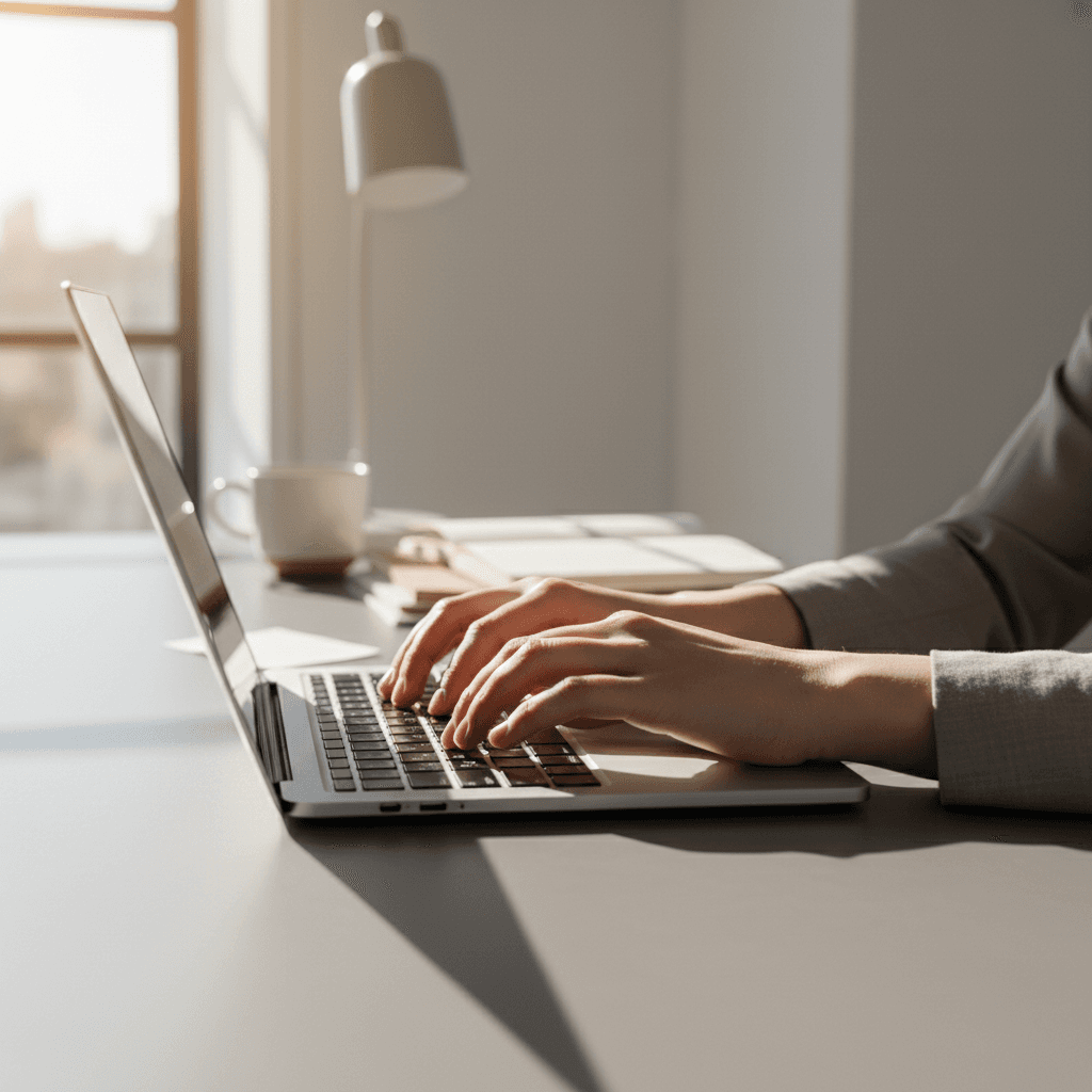 Creative professional's hands typing on laptop keyboard in sunlit minimalist home office workspace
